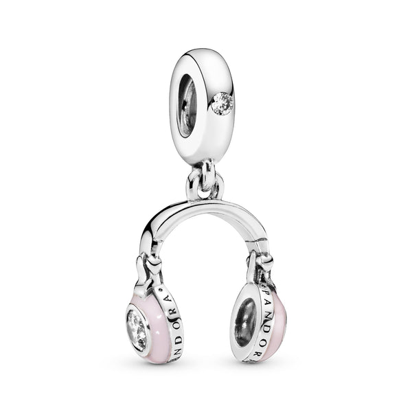 Headphones silver dangle with clear cubic zirconia and pink enamel