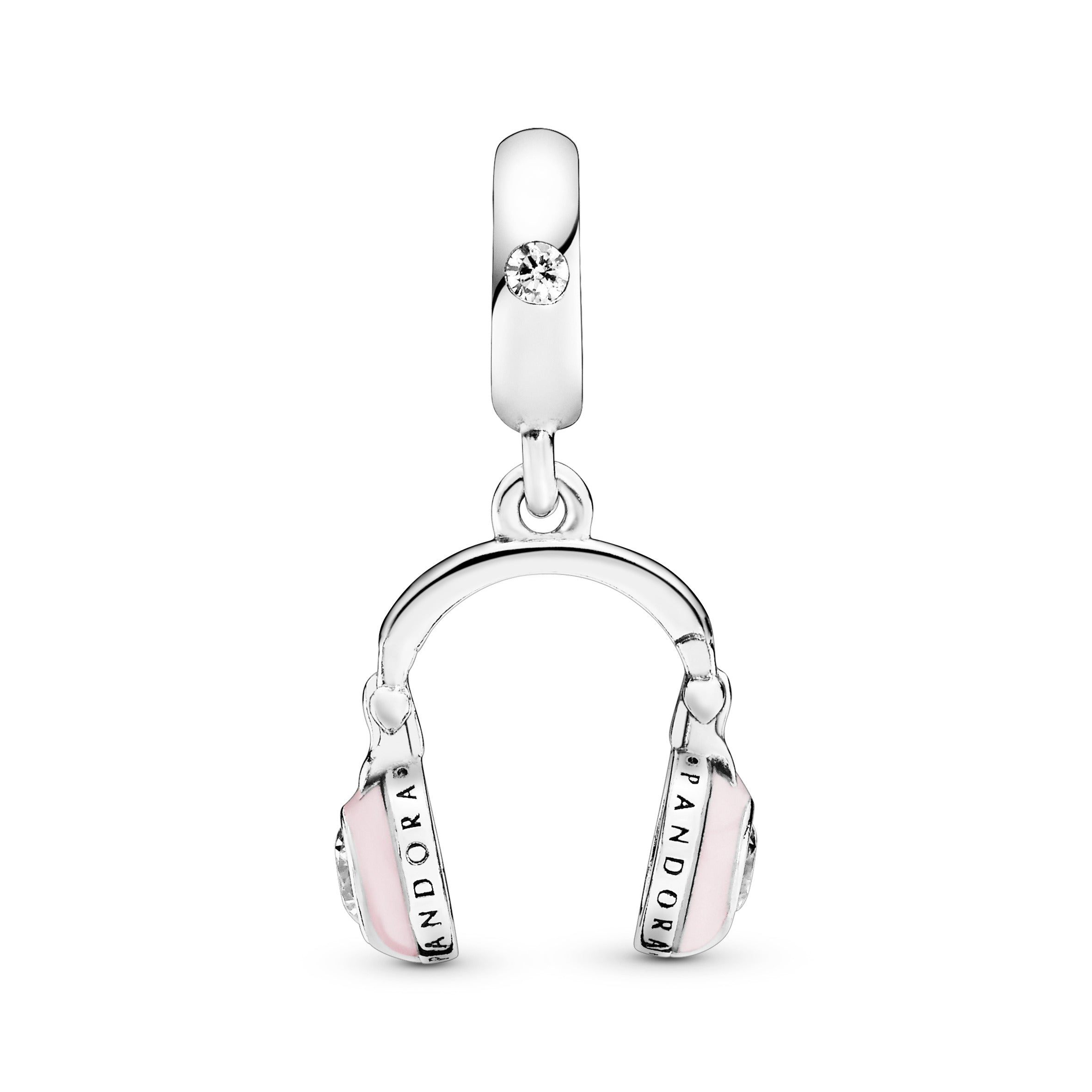 Headphones silver dangle with clear cubic zirconia and pink enamel