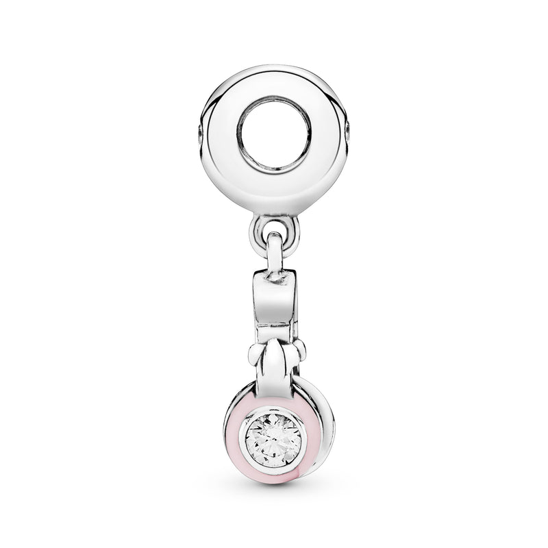 Headphones silver dangle with clear cubic zirconia and pink enamel