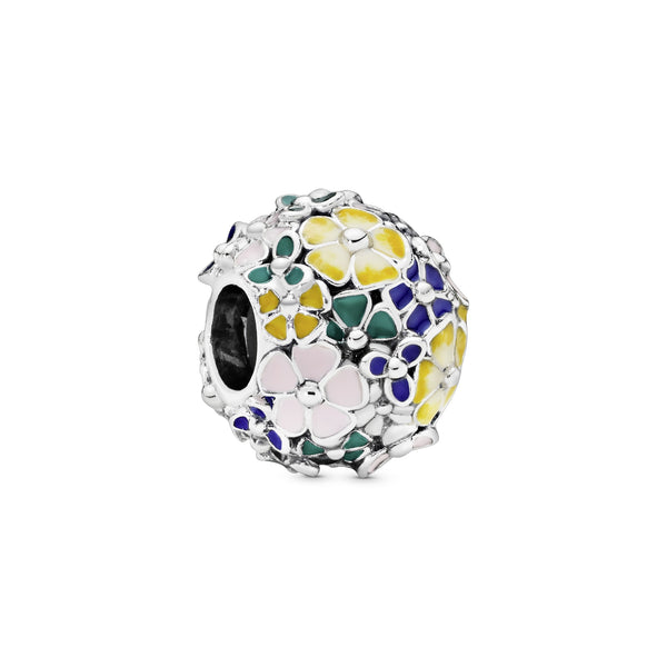 Flower silver charm with pink, green, blue, white and yellow enamel