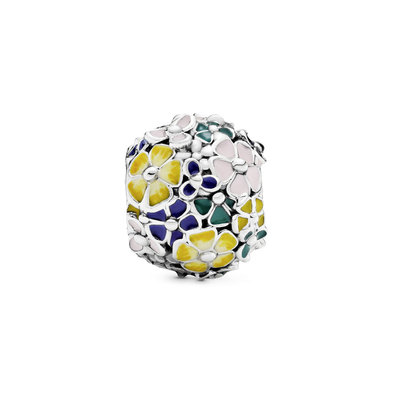 Flower silver charm with pink, green, blue, white and yellow enamel