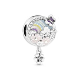 Flower and rainbow silver charm with pink, white, purple, green, blue and yellow enamel