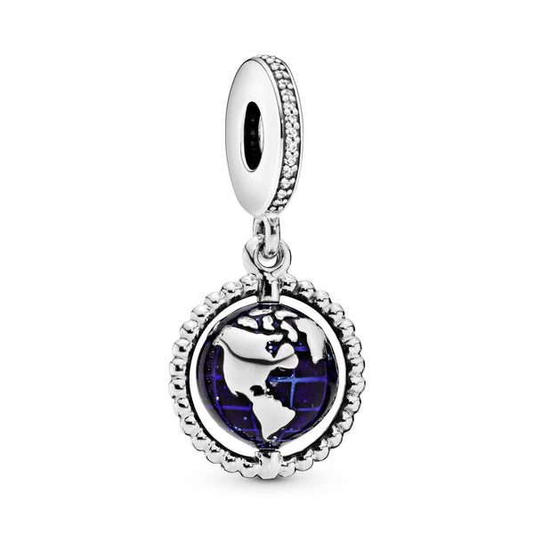 Globe silver dangle with clear cubic zirconia and blue enamel