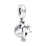 Airplane silver dangle with clear cubic zirconia, blue and white enamel