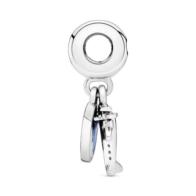 Airplane silver dangle with clear cubic zirconia, blue and white enamel