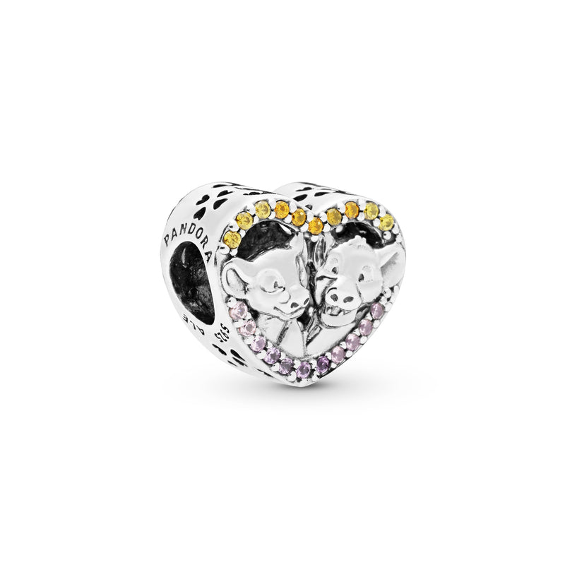 Disney Simba and Nala silver heart charm with rose pink crystal, orange and honey CZ and synthetic pink sapphire