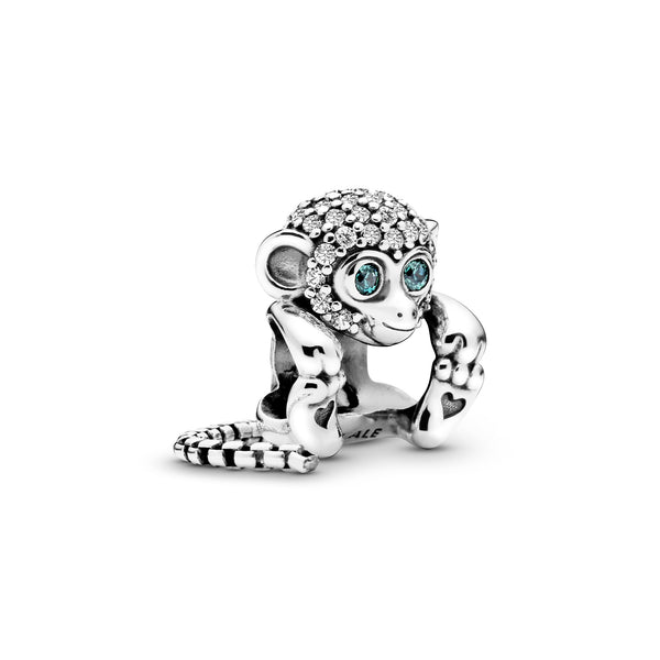 Monkey silver charm with clear and teal cubic zirconia