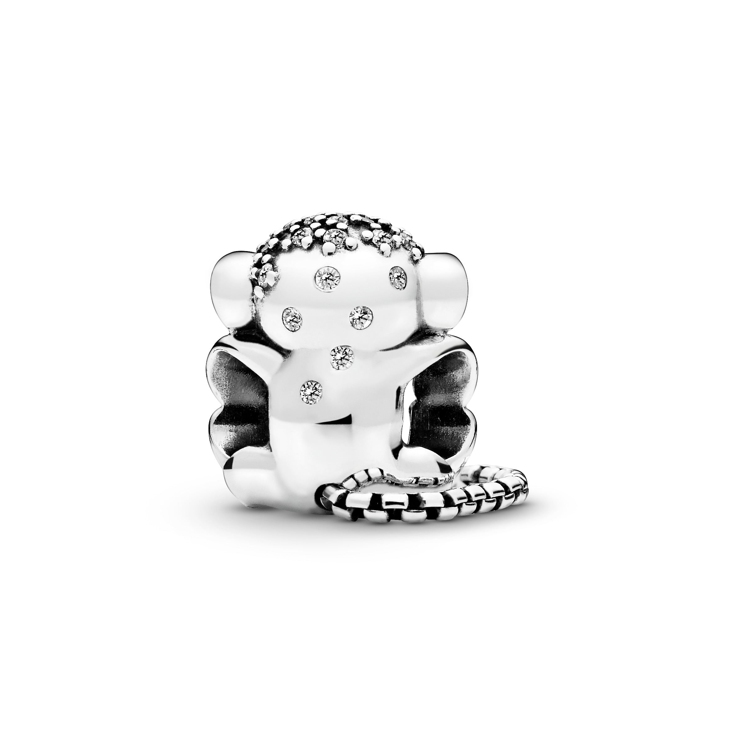 Monkey silver charm with clear and teal cubic zirconia