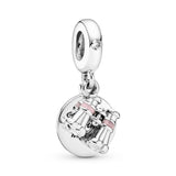 Binoculars silver dangle with clear cubic zirconia and pink enamel
