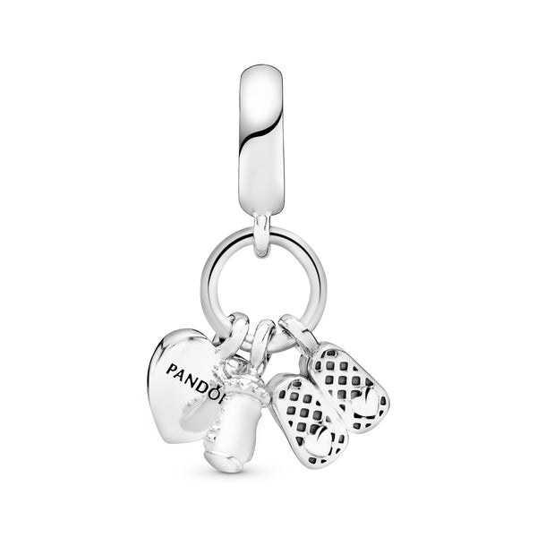 Shoes, baby bottle and heart silver dangle with clear cubic zirconia and white enamel