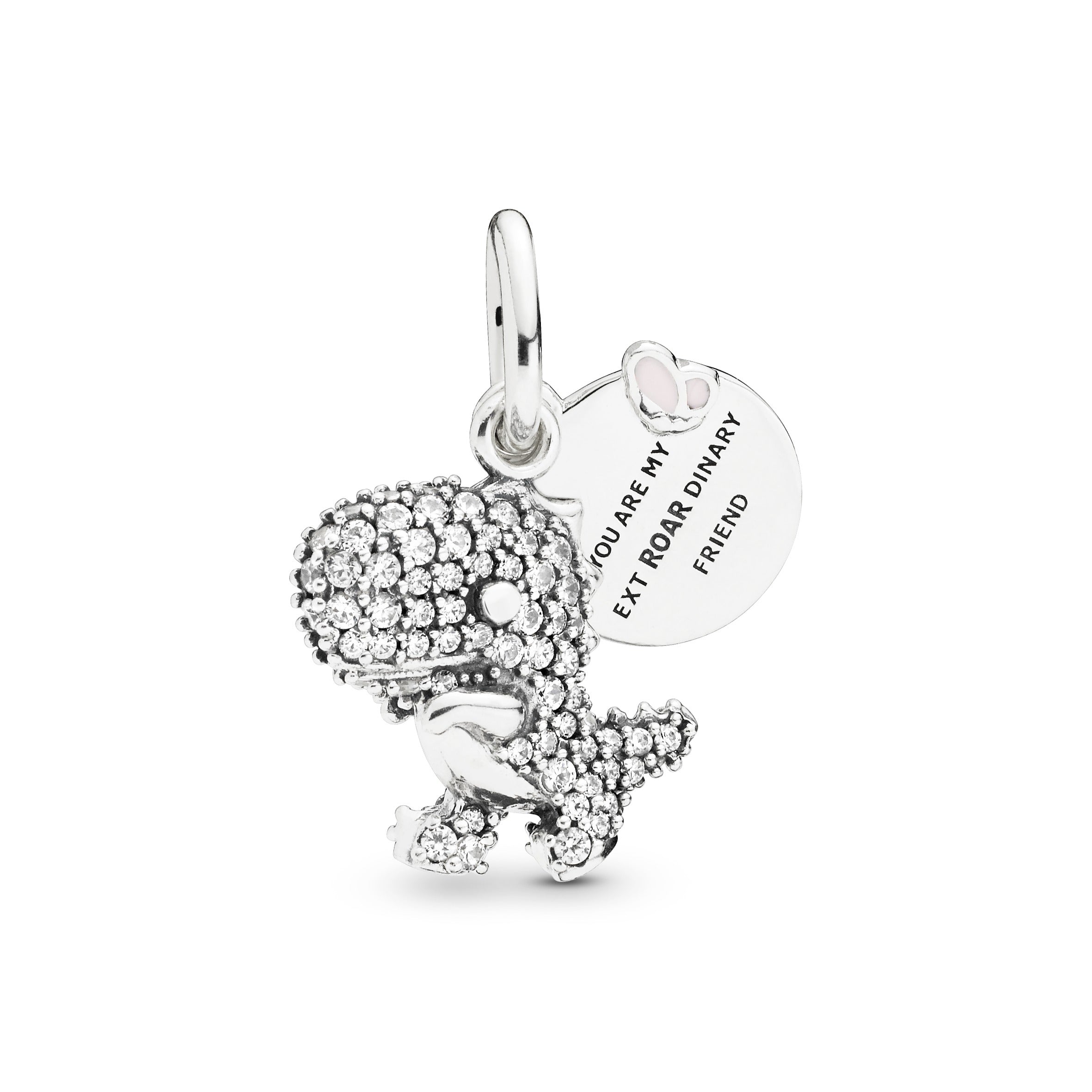 Dinosaur silver dangle with clear cubic zirconia and pink enamel