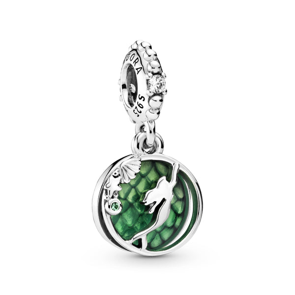 Disney Ariel sterling silver dangle with clear cubic zirconia, royal green crystal and green enamel