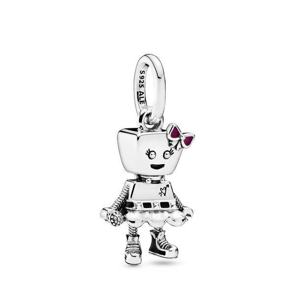 Punk robot girl sterling silver dangle with black and pink enamel