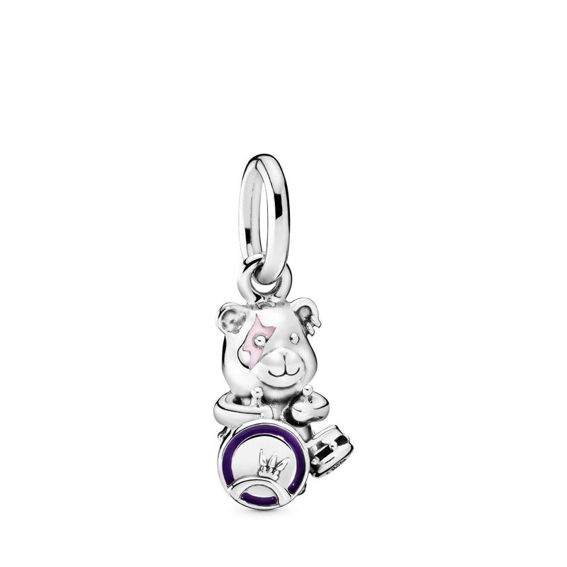 Punk teddy bear sterling silver dangle with clear cubic zirconia and black, purple and pink enamel
