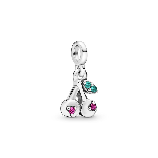 Cherries sterling silver dangle charm with cerise and aqua green crystal