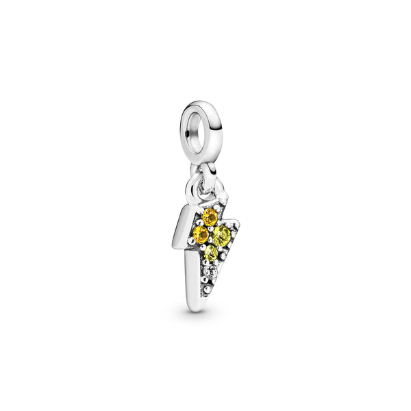 Lightning bolt sterling silver dangle charm with blazing yellow, golden orange crystal and clear cubic zirconia