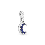 Crescent moon sterling silver dangle charm with true blue crystal