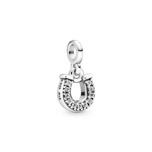 Horseshoe sterling silver dangle charm with clear cubic zirconia