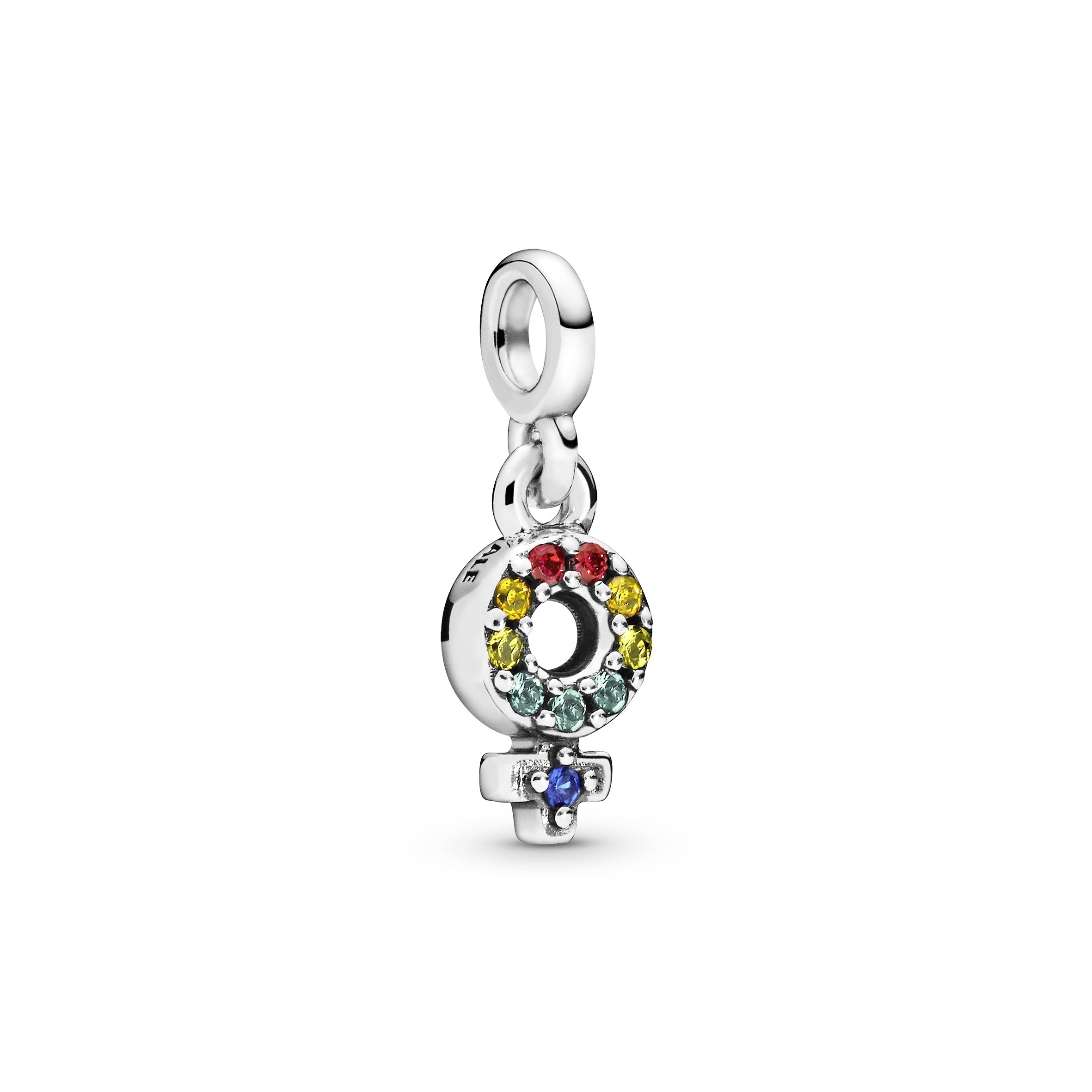 Pandora Me Female symbol sterling silver dangle charm with green, blue, honey coloured,  yellow crystal and red cubic zirconia