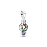 Female symbol sterling silver dangle charm with green, blue, honey coloured,  yellow crystal and red cubic zirconia