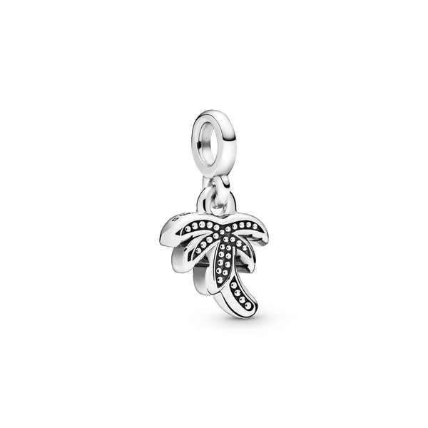 Palm tree sterling silver dangle charm with aqua green crystal