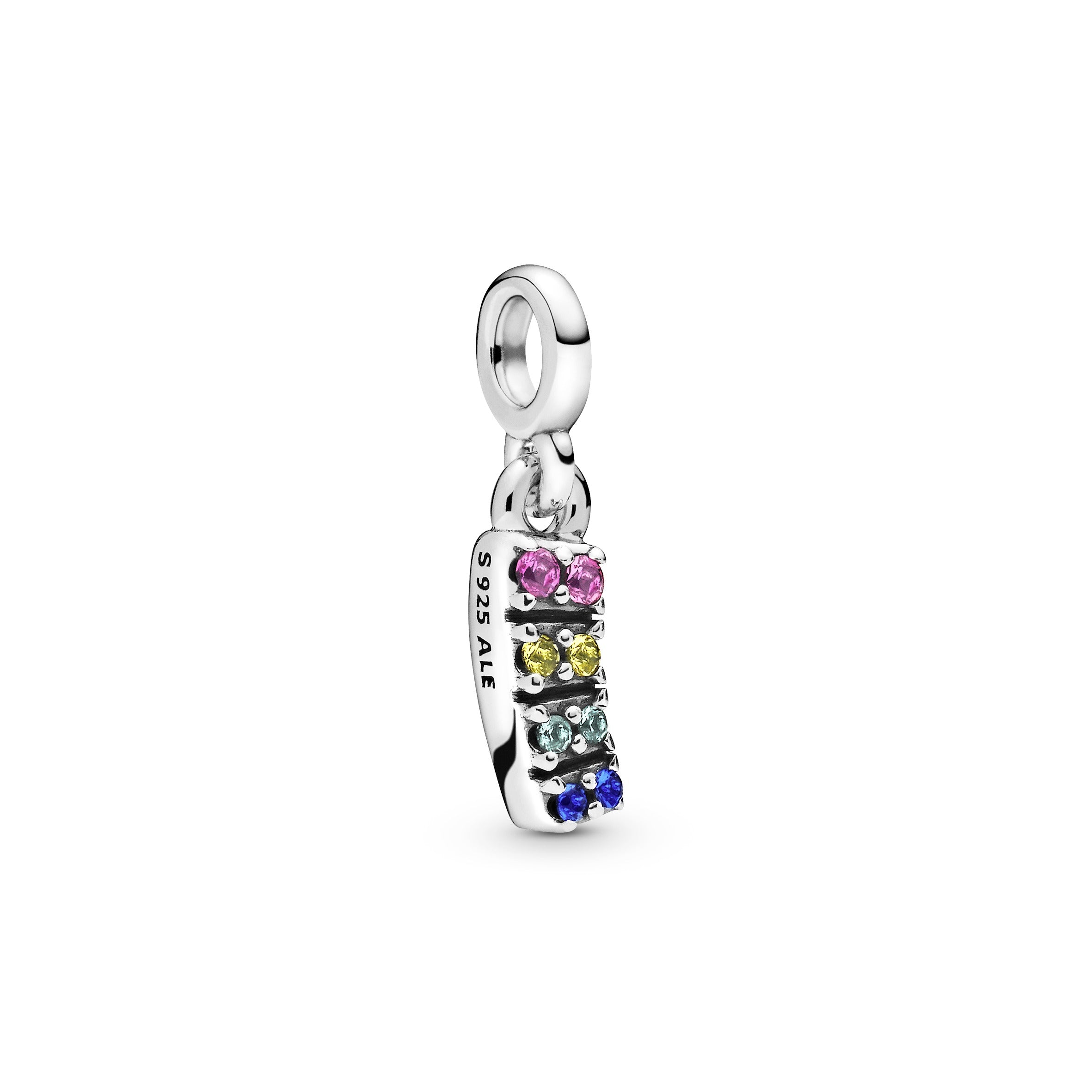 Pandora Me Rainbow sterling silver dangle charm with royal green, cerise, true blue and limelight yellow crystal