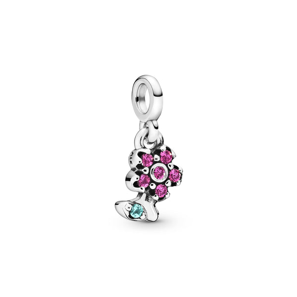 Flower sterling silver dangle charm with cerise crystal and aqua green crystal