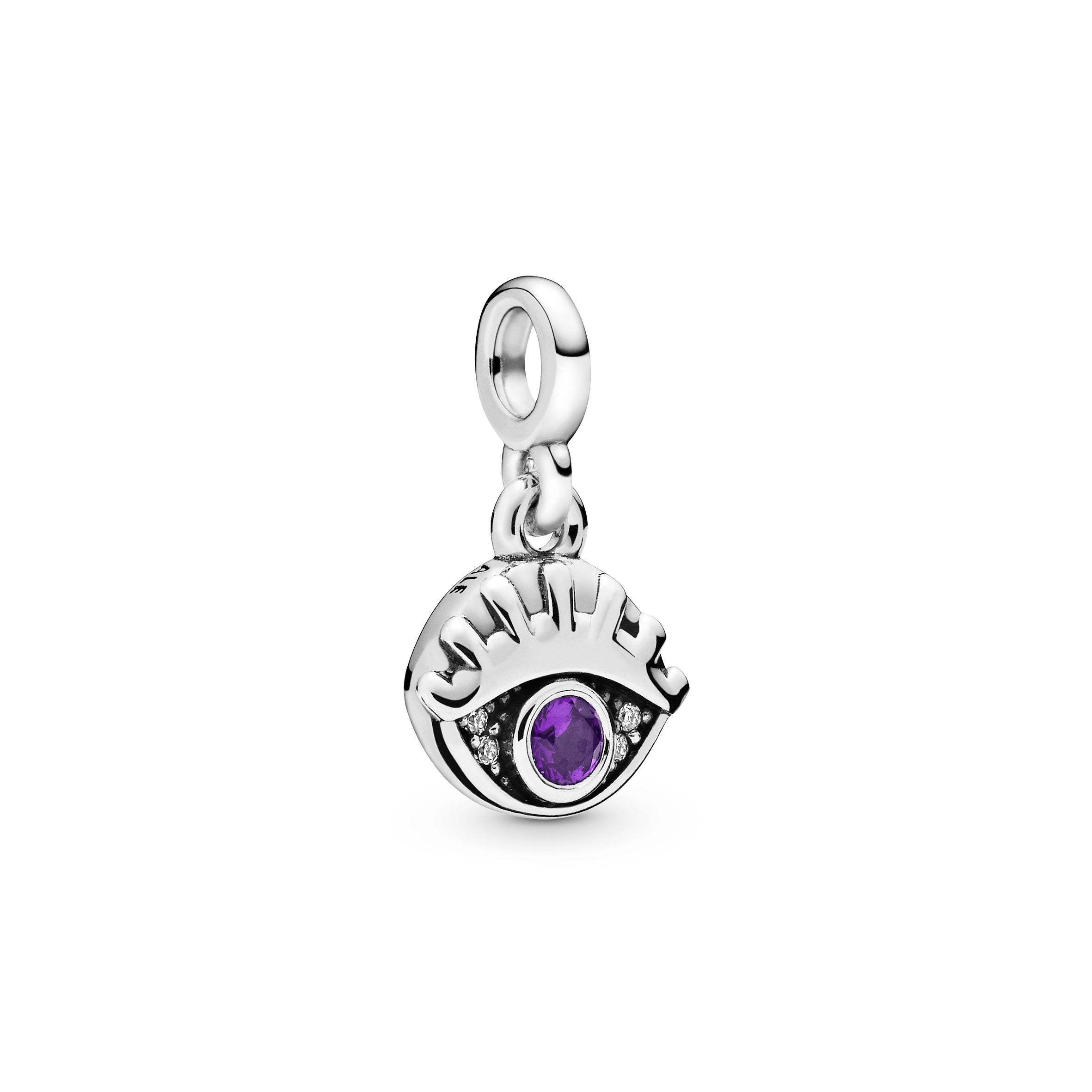 Pandora Me Eye sterling silver dangle charm with royal purple crystal and clear cubic zirconia