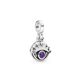 Eye sterling silver dangle charm with royal purple crystal and clear cubic zirconia