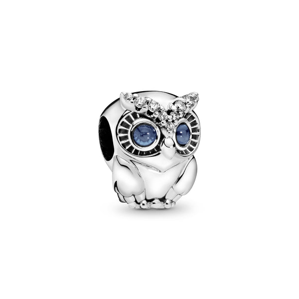 Owl sterling silver charm with bright cobalt blue crystal and clear cubic zirconia