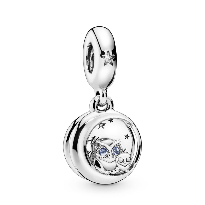 Owl sterling silver dangle with bright cobalt blue crystal and clear cubic zirconia