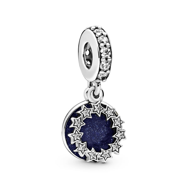 Sterling silver dangle with clear cubic zirconia and shimmering blue enamel