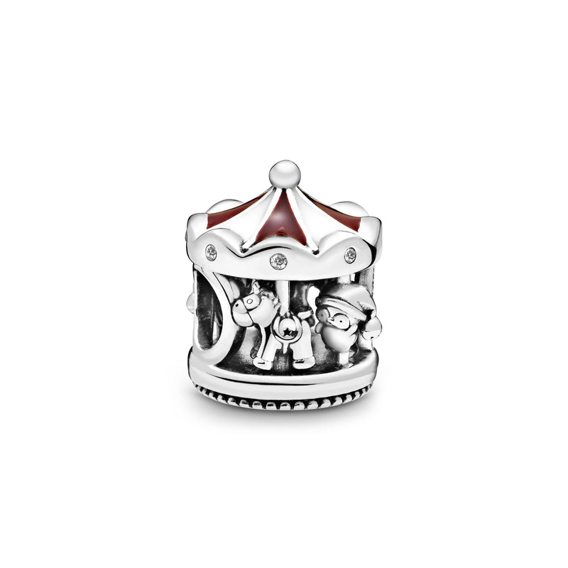 Carousel sterling silver charm with clear cubic zirconia, red and white enamel