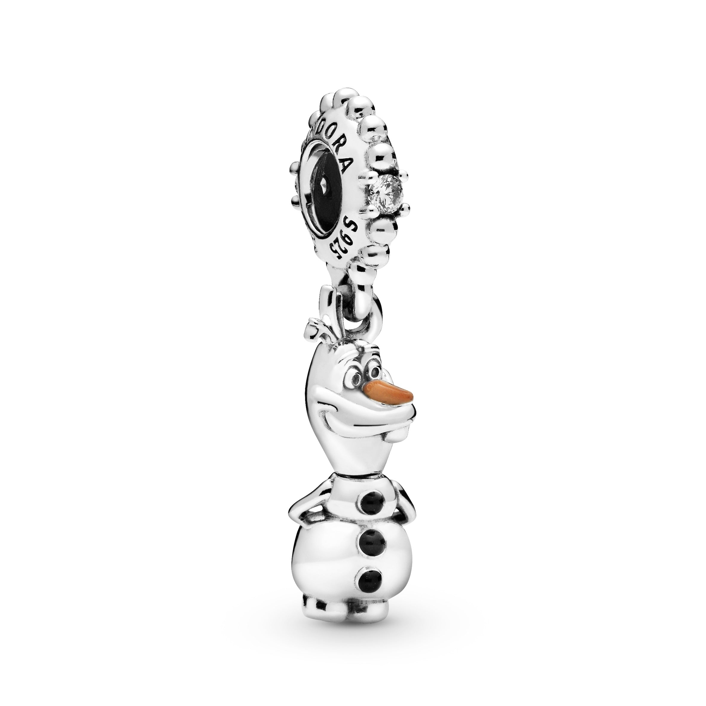 Disney Olaf sterling silver dangle with clear cubic zirconia, black and orange enamel