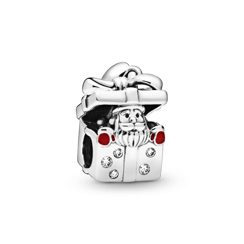 Christmas gift box sterling silver charm with clear cubic zirconia and red enamel