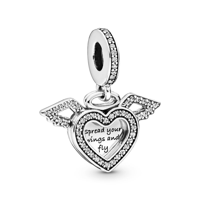 Heart and wings sterling silver dangle with clear cubic zirconia