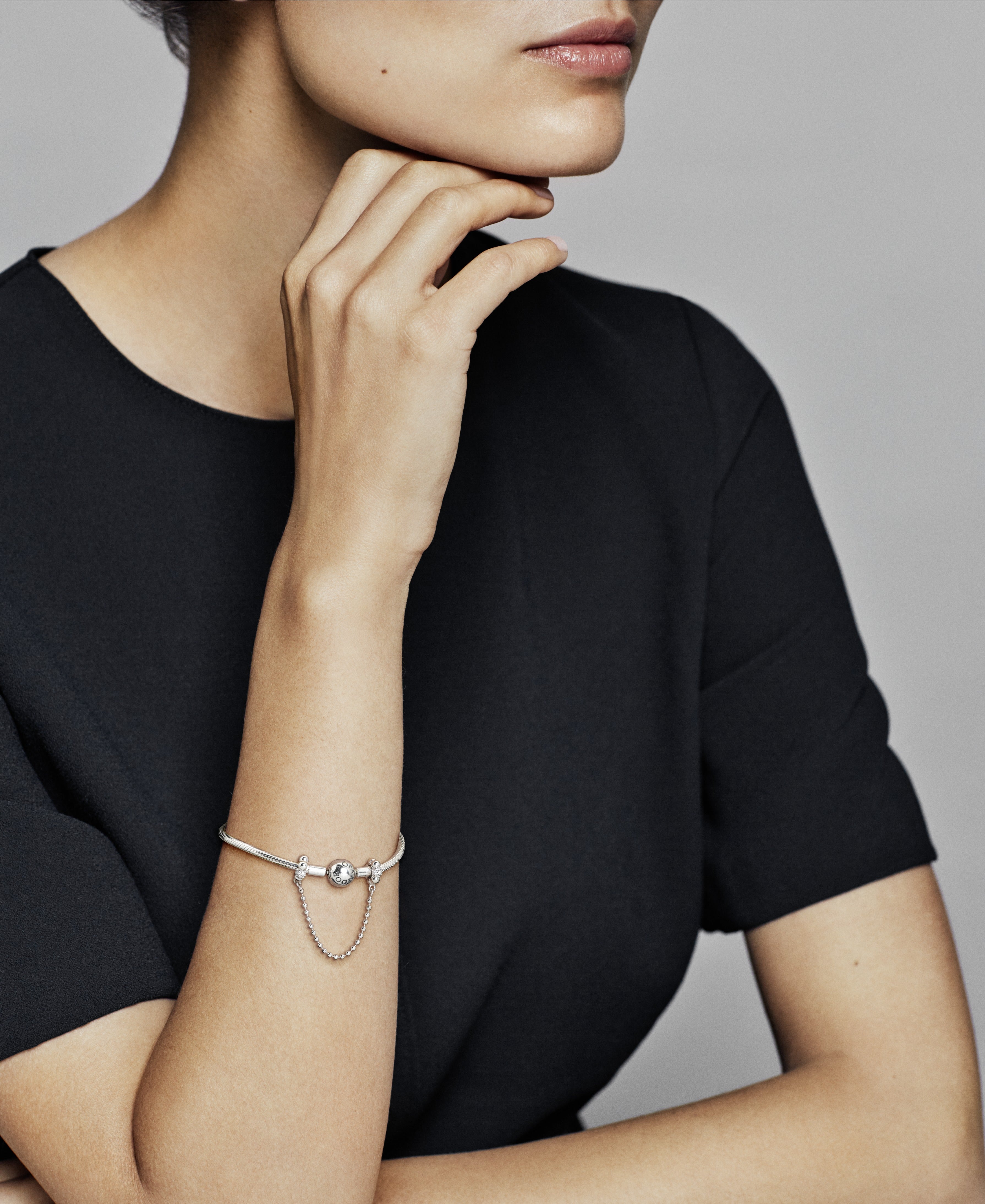 Sterling silver safety chain with clear cubic zirconia