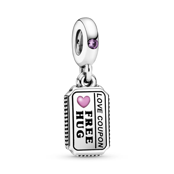 Love coupon sterling silver dangle with pink synthetic sapphire and pink, black and red enamel