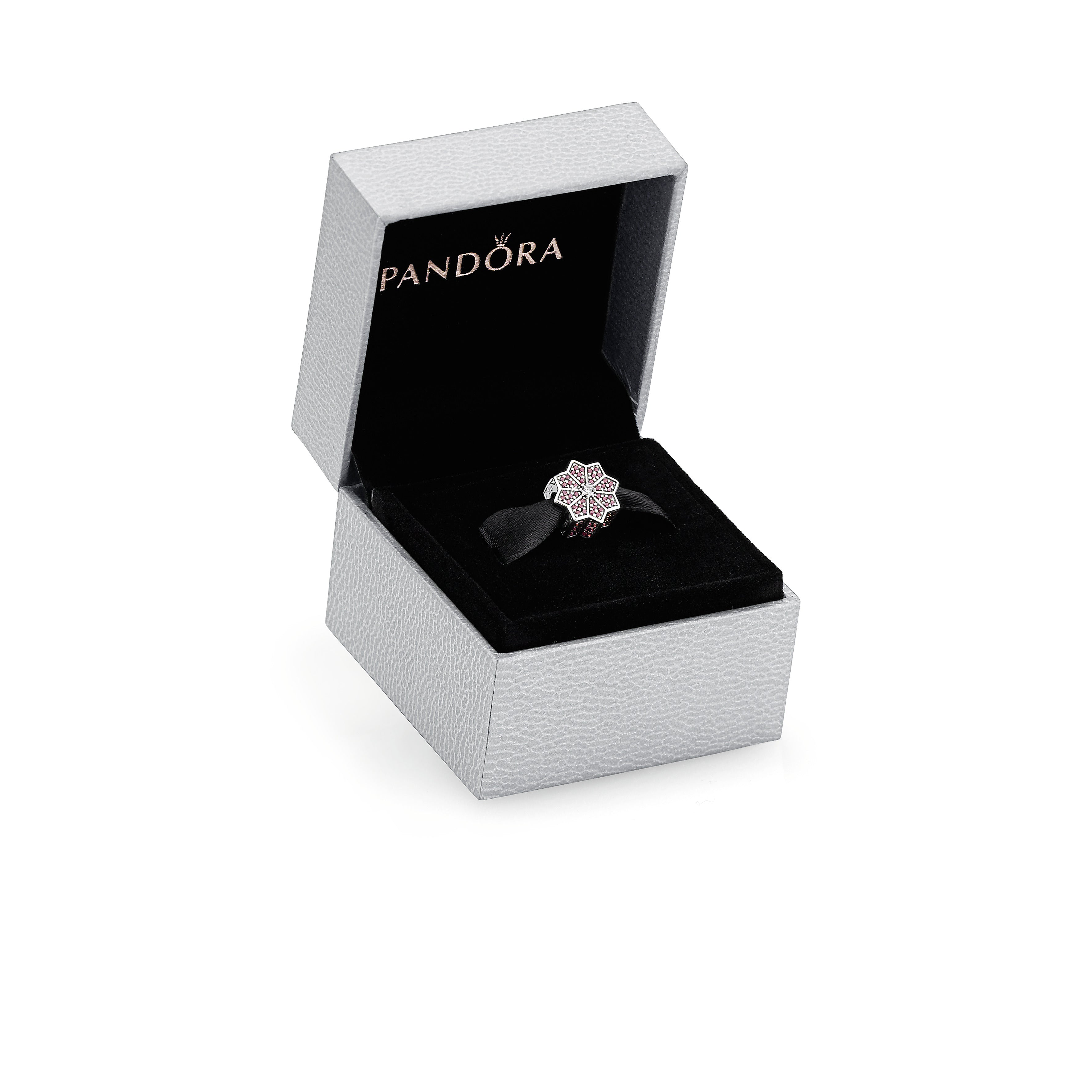 Poinsettia silver charm with red cubic zirconia and clear cubic zirconia