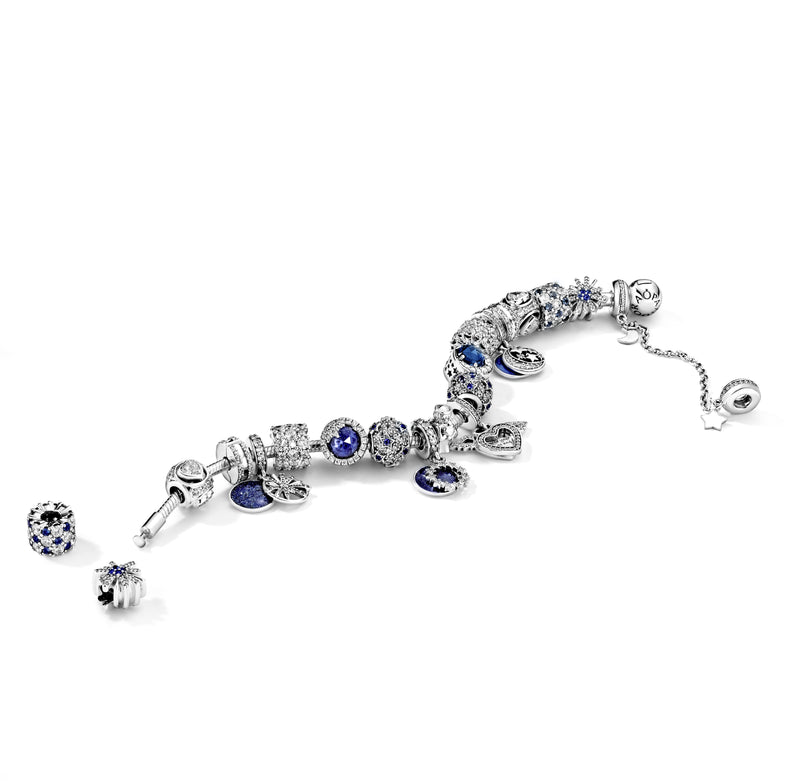 Moon and star silver dangle with clear cubic zirconia and blue enamel