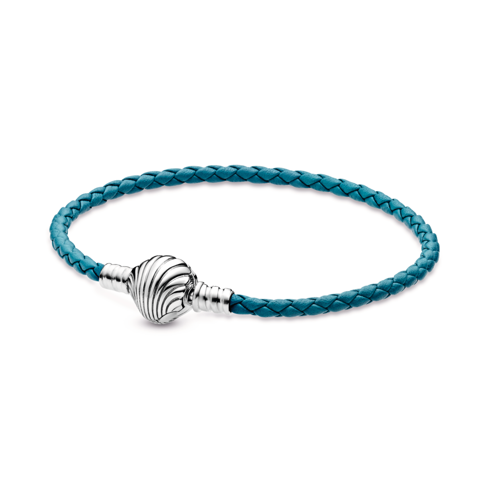 Pandora Moments Seashell Clasp Turquoise Braided Leather Bracelet