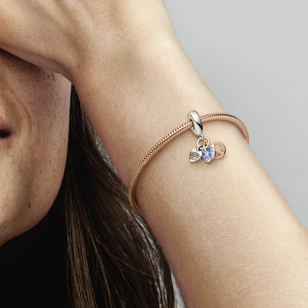 Pandora Moments Two-tone Rainbow Heart, Butterfly & Peace Triple Dangle Charm