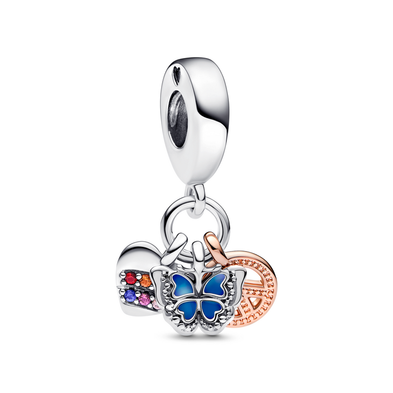 Two-tone Rainbow Heart, Butterfly & Peace Triple Dangle Charm