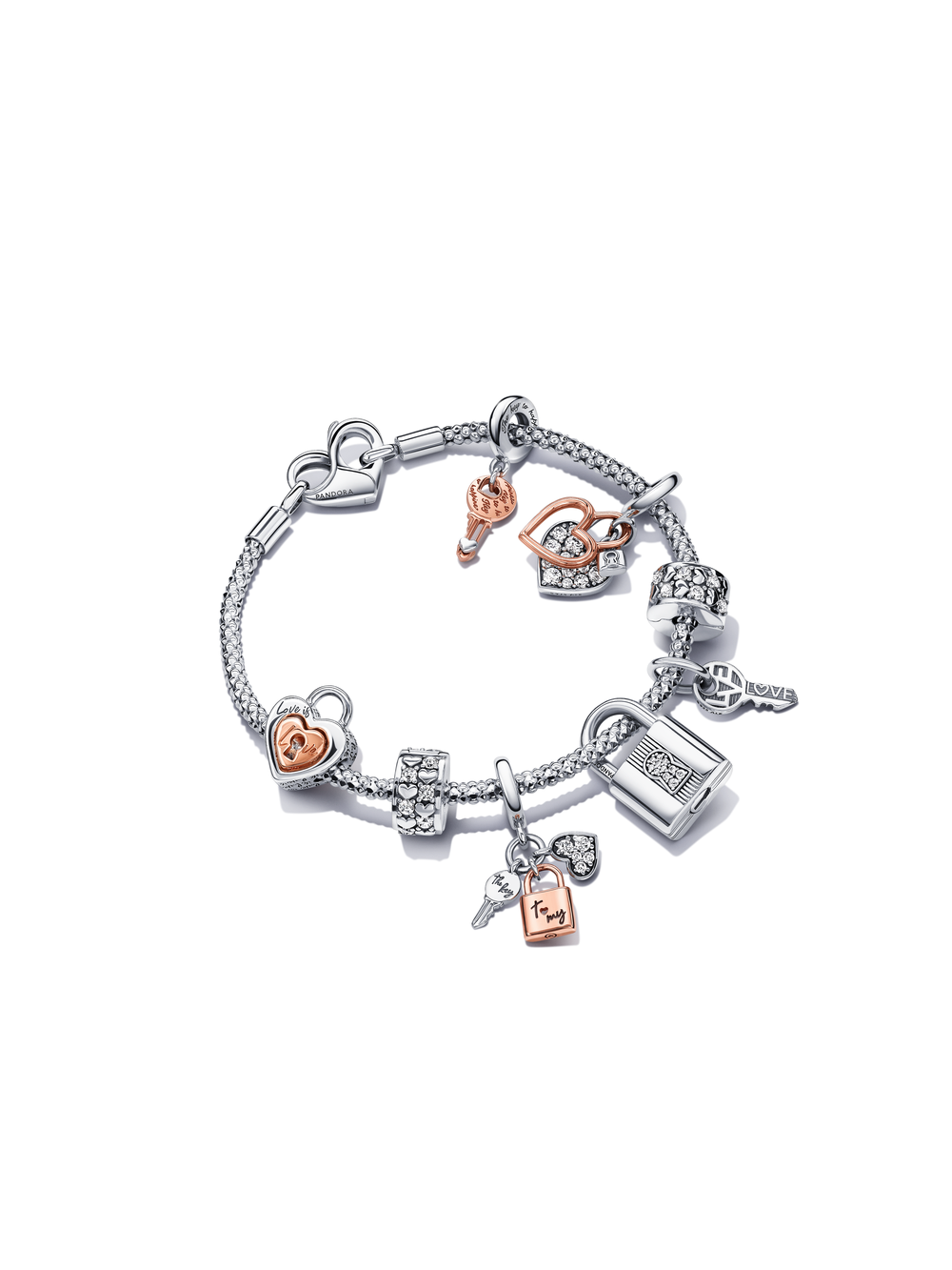 Pandora Moments Two-tone Key, Padlock & Heart Triple Dangle Charm