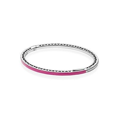 Silver bangle with orchid enamel and clear cubic zirconia