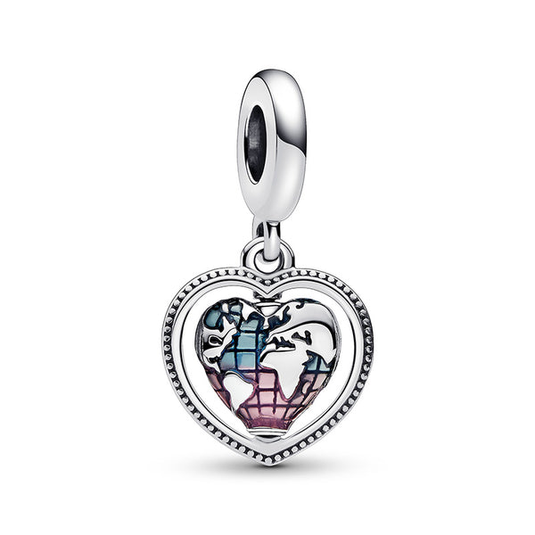 Family Spinning Heart Globe Dangle Charm