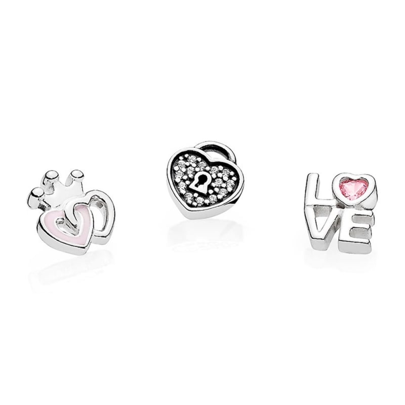 Petite elements pack in silver with heart padlock with clear CZ, love script with pink CZ and crowned hearts with pink enamel