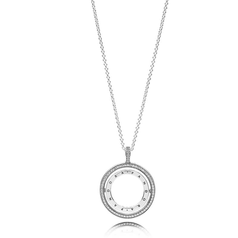 PANDORA logo spinning silver pendant with clear cubic zirconia and chain