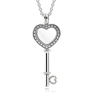 Floating locket heart key silver pendant with clear cubic zirconia and necklace